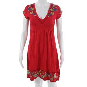 JWLA Women A-Line Sundress Red Floral V-Neck Short Sleeve 100% Cotton Size S